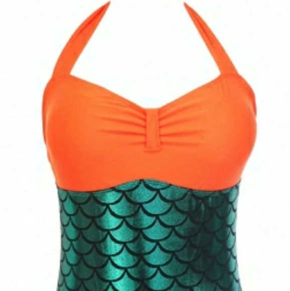 Orange Bralette Splice Metallic Mermaid One Piece - Picture 3 of 8